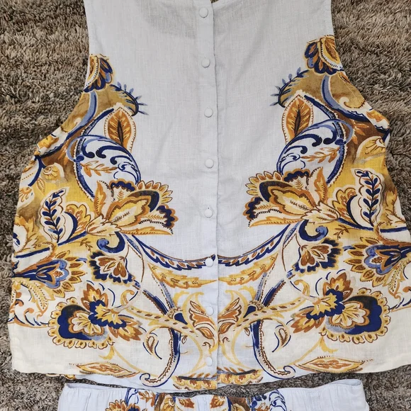 Joie 100% Linen. Floral Print Top and Shorts Set - White and Yellow - Picture 6 of 16